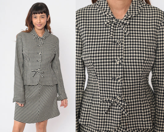 90s Jill Stuart Houndstooth Skirt Suit Jacket Mini A-Line Black White Medium