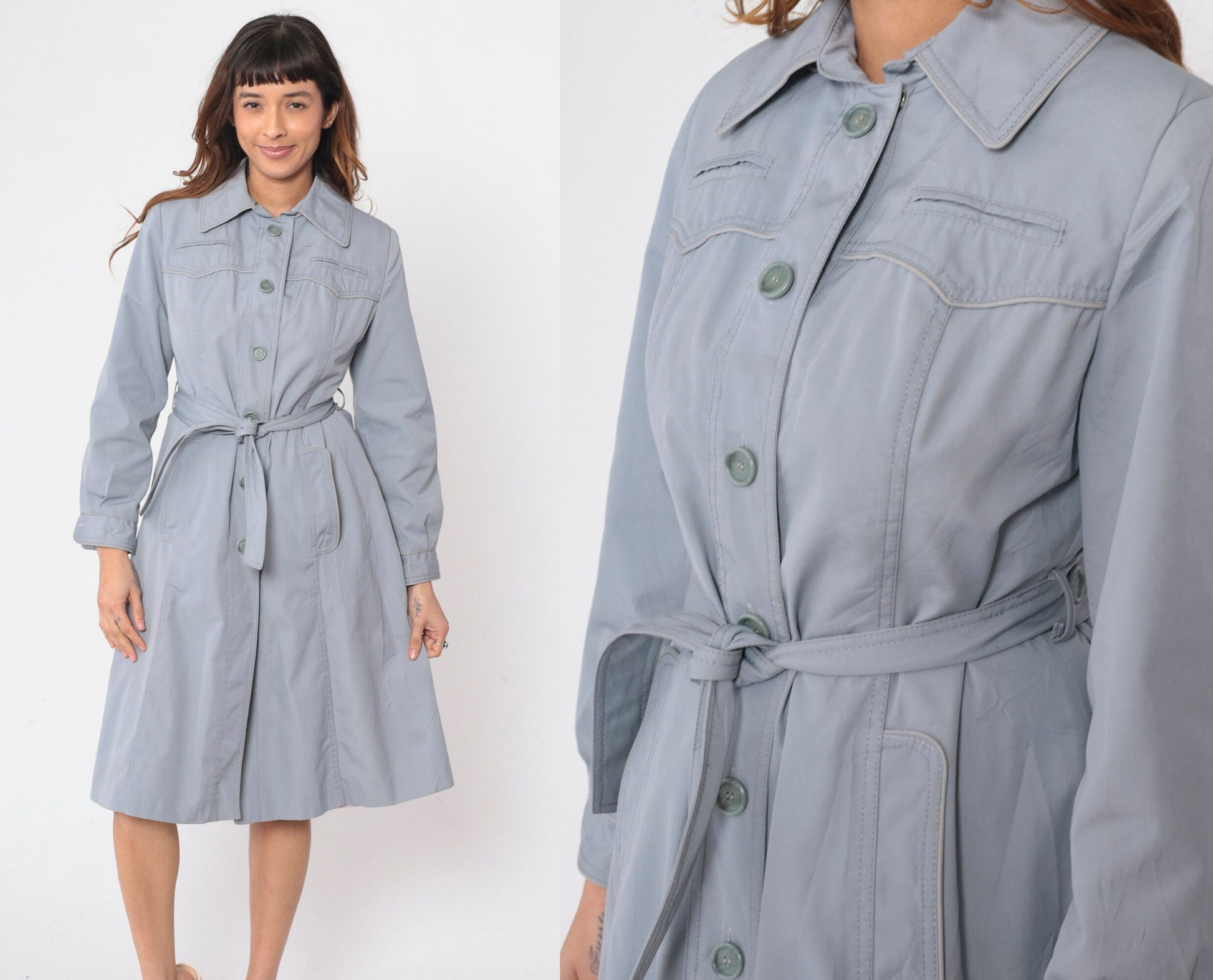 70s Muted Blue Trench Coat Western Yoke Button-Up Belted Jacket Small