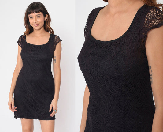 90s Black Lace Mini Dress Cap Sleeve Scoop Neck Sheath Small