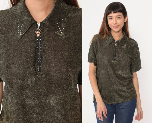 80s Gold Metallic Blouse Rhinestone Zipper Collared Short Sleeve Large L