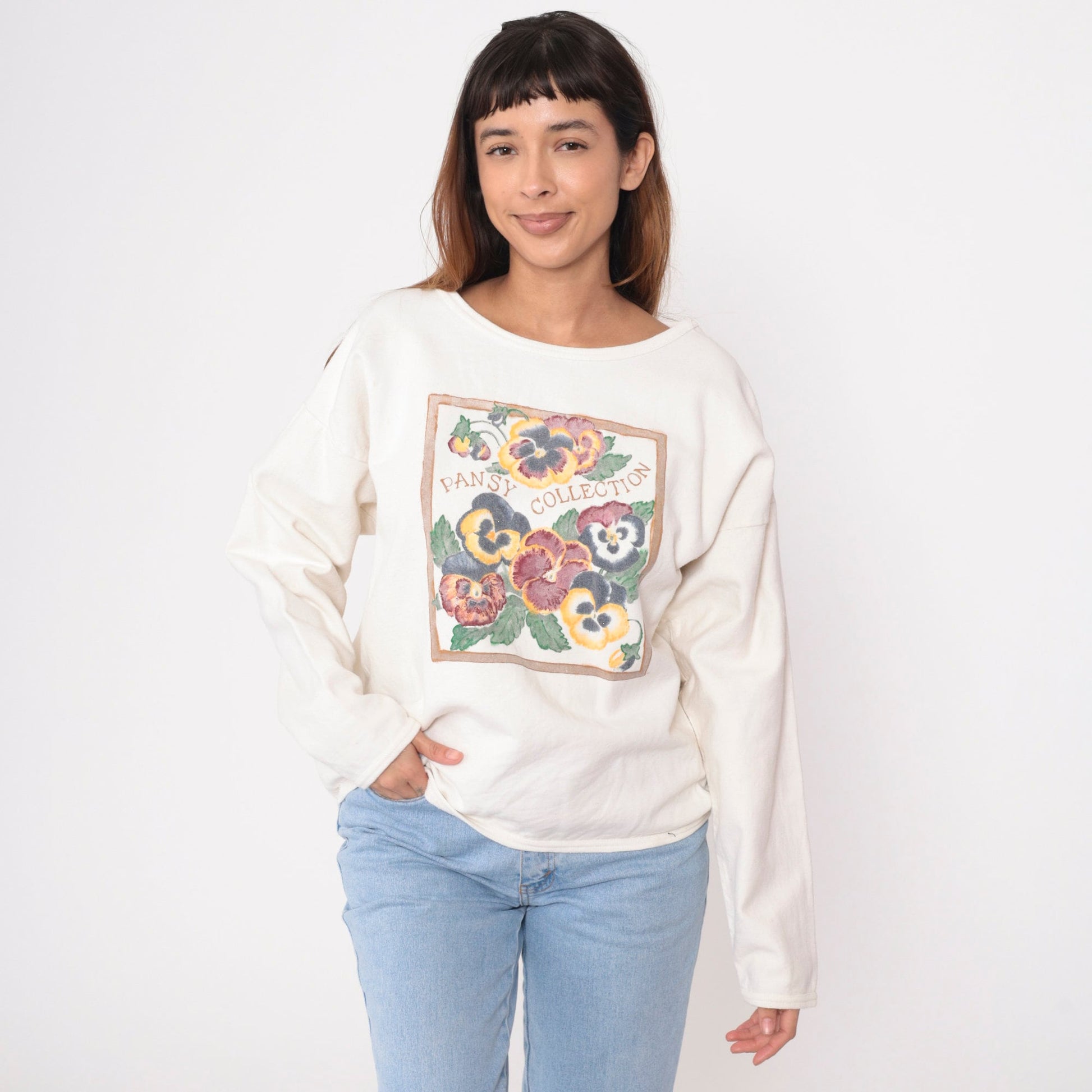 90s Pansy Collection Sweatshirt Cream Cotton Graphic Pullover Medium Large