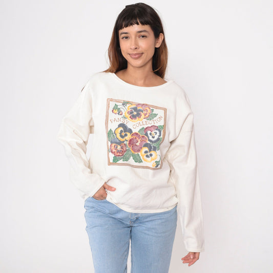 90s Pansy Collection Sweatshirt Cream Cotton Graphic Pullover Medium Large