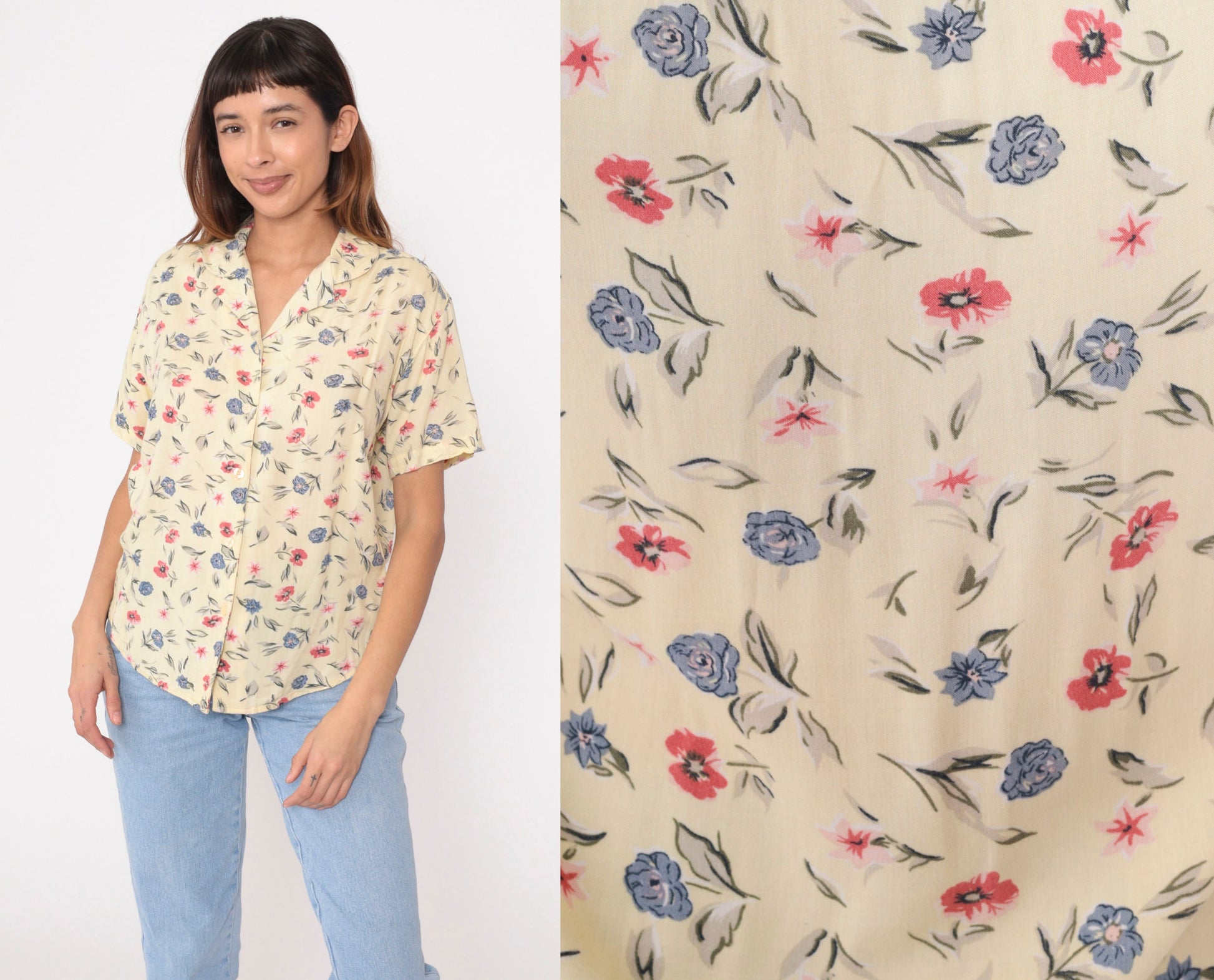 90s Light Yellow Floral Button-Up Blouse Short Sleeve Rayon Small