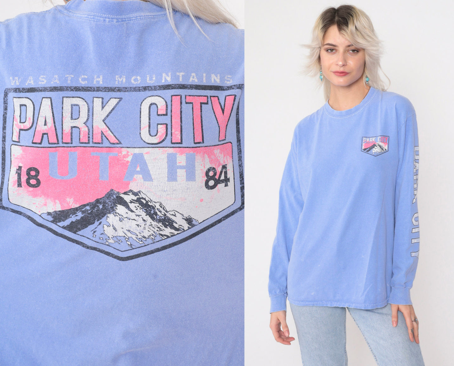90s Park City Utah Wasatch Mountains Ski Graphic Tee Lavender Long Sleeve Medium