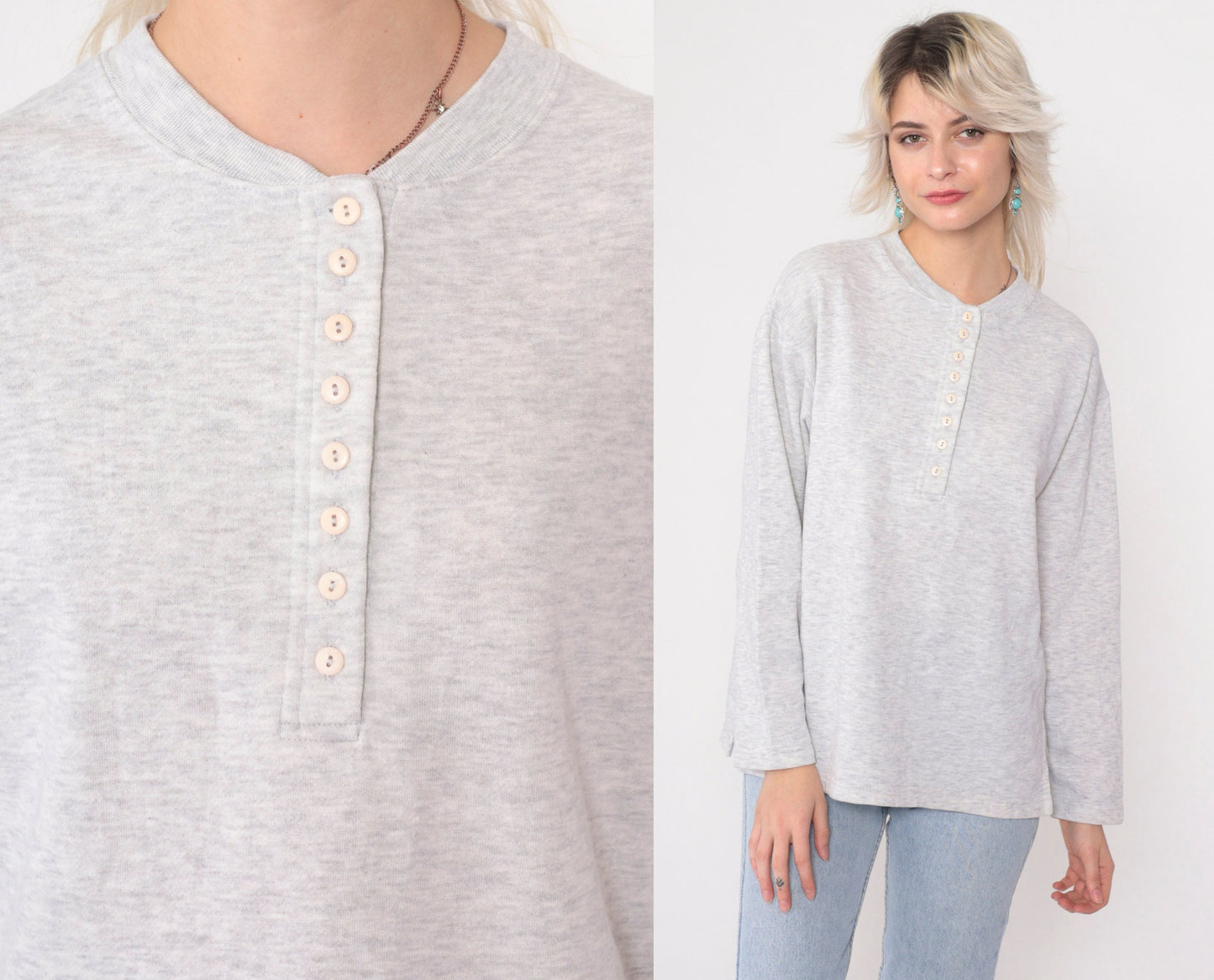 90s Heather Grey Henley Long Sleeve Button Neck Shirt Medium