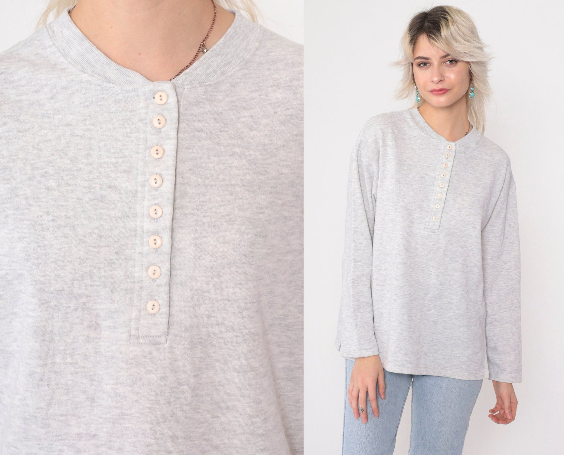 90s Heather Grey Henley Long Sleeve Button Neck Shirt Medium