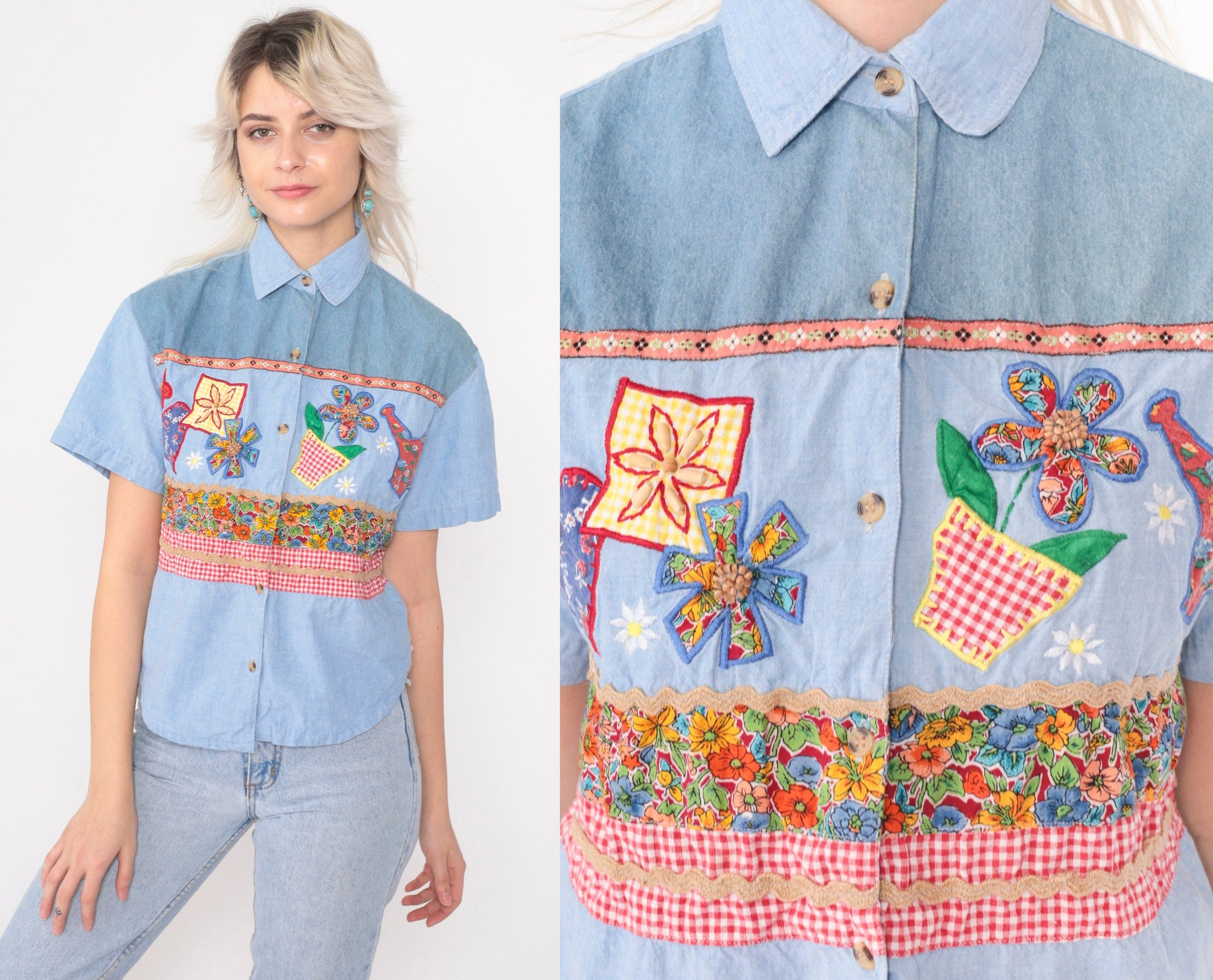 90s Victoria Jones Chambray Blouse Beaded Floral Embroidered Denim Blue Medium Petite