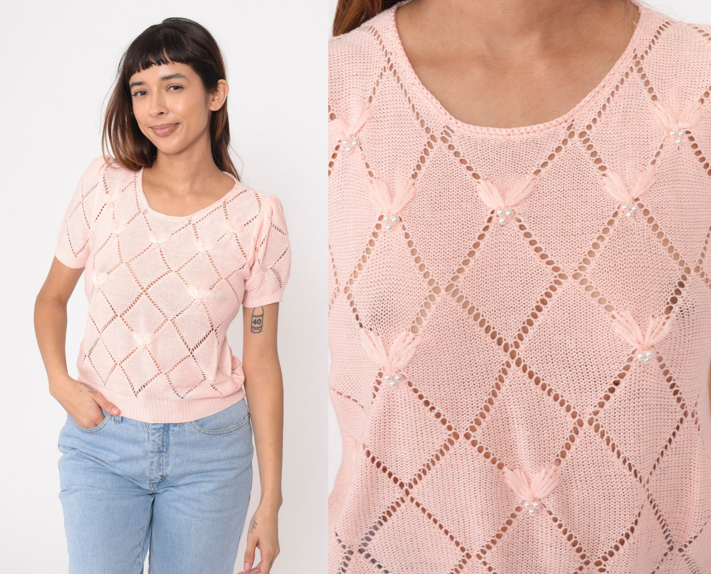 80s Baby Pink Pointelle Knit Top Pearl Beaded Puff Sleeve Cutout Small