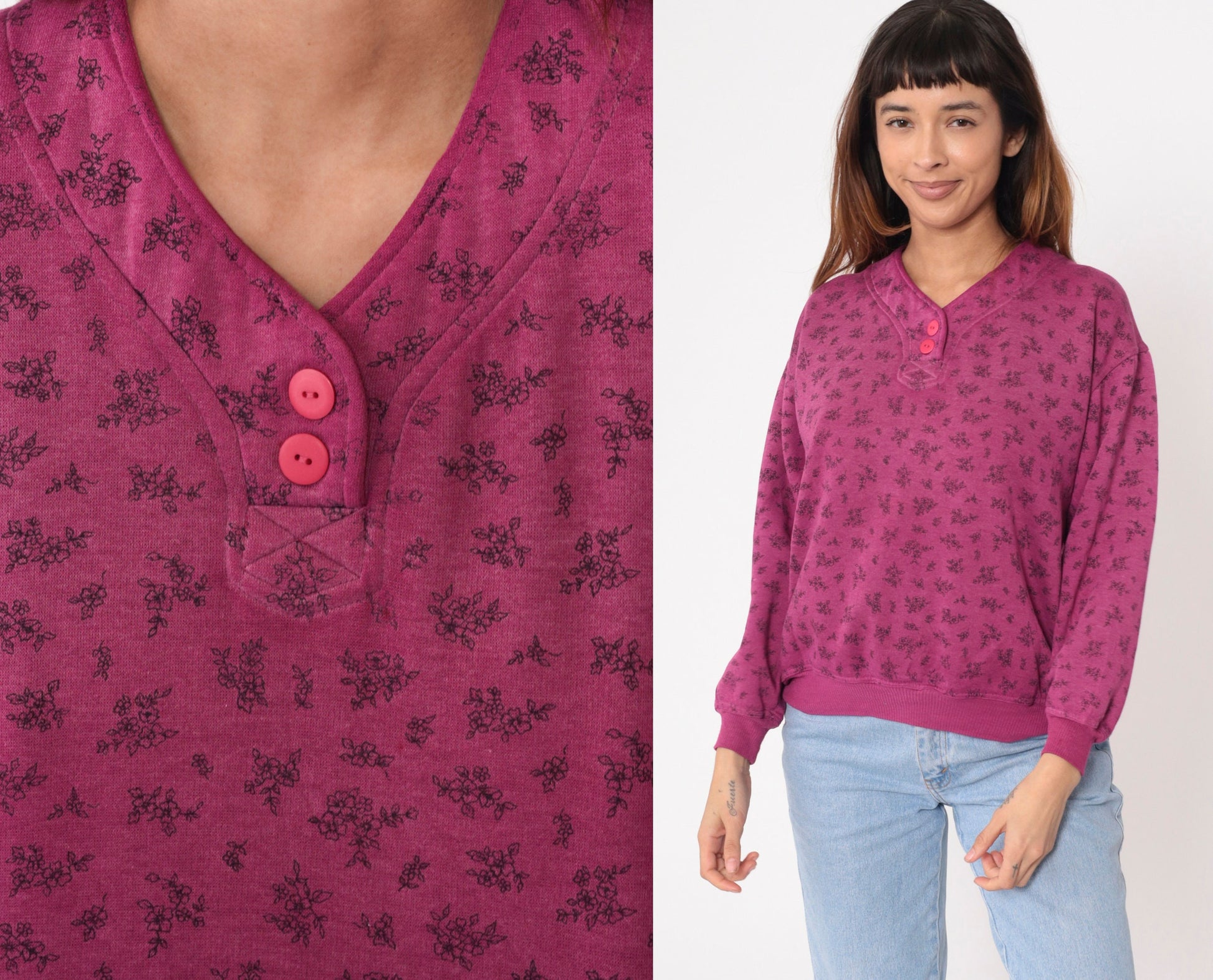 90s Magenta Floral Henley Sweatshirt Button-Up V-Neck Small S