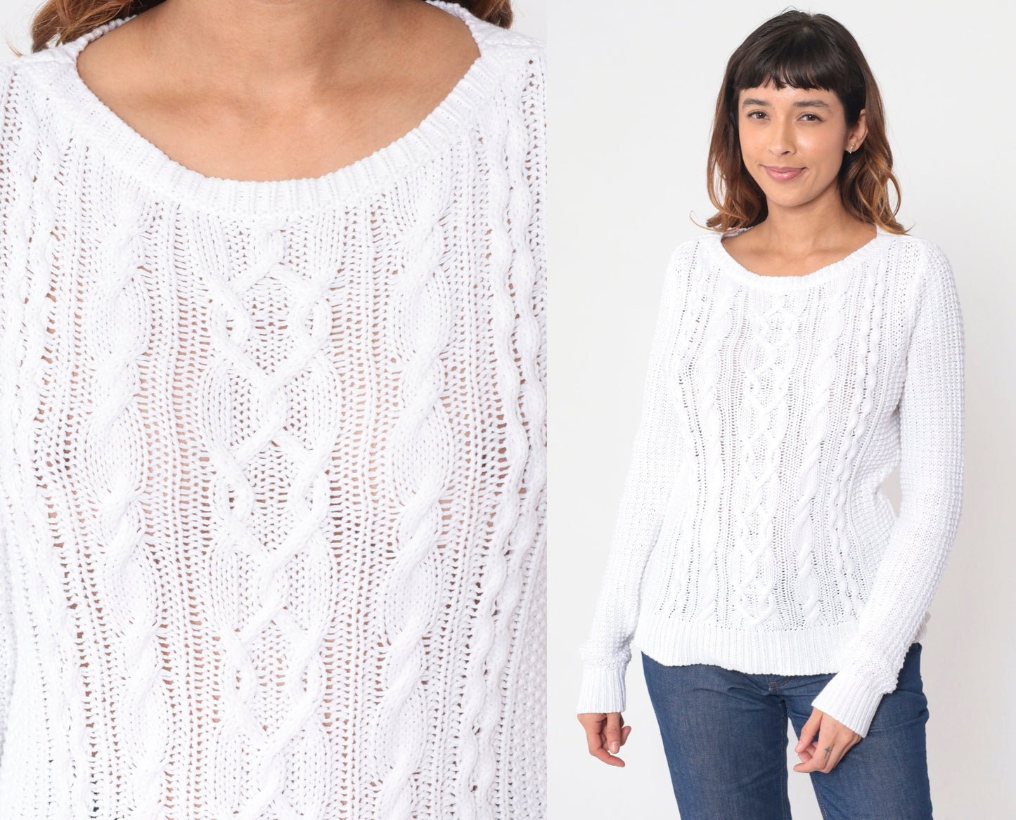Y2K Ralph Lauren White Cable Knit Pullover Sweater Medium M