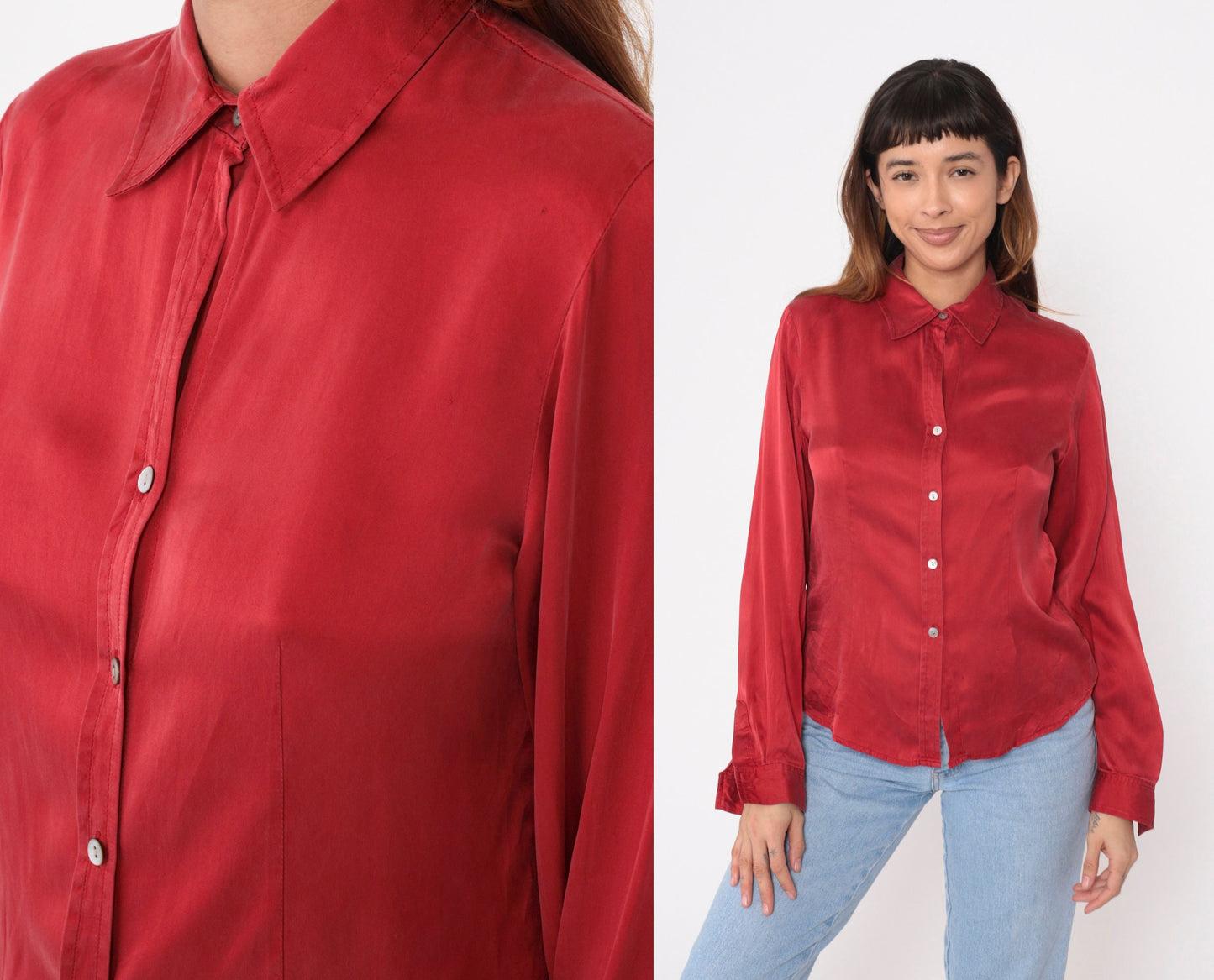 90s Red Silk Button-Up Blouse Long Sleeve Vintage Shirt Small 6