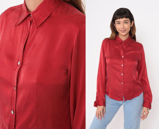 90s Red Silk Button-Up Blouse Long Sleeve Vintage Shirt Small 6