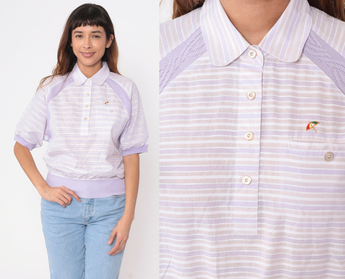 80s Arnold Palmer Striped Polo Shirt Lavender White Collar Short Sleeve Small