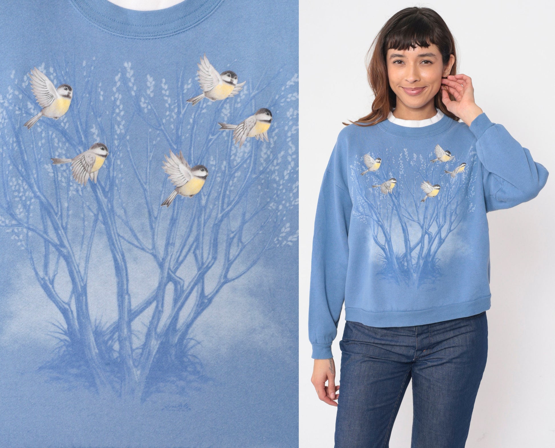 90s Morning Sun Bird Sweatshirt Blue Floral Tree Graphic Crewneck Petite Medium