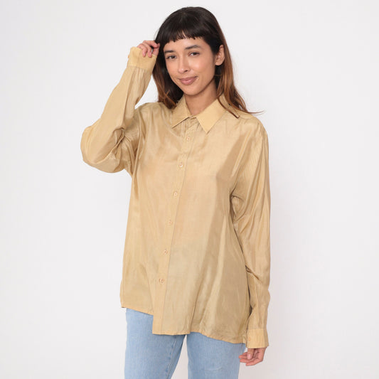 90s Giorgio Armani Silk Button-Up Shirt Muted Yellow Long Sleeve Men's Large