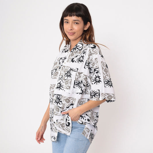 90s Celestial Sun Print Button Up Shirt Black White Geometric Medium