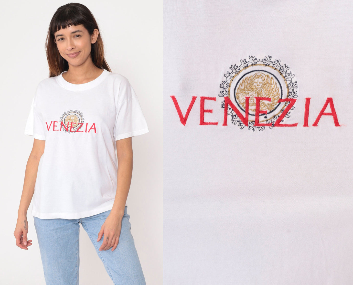 90s Venezia Venice Italy T Shirt Gold Lion Crest Embroidered White Small