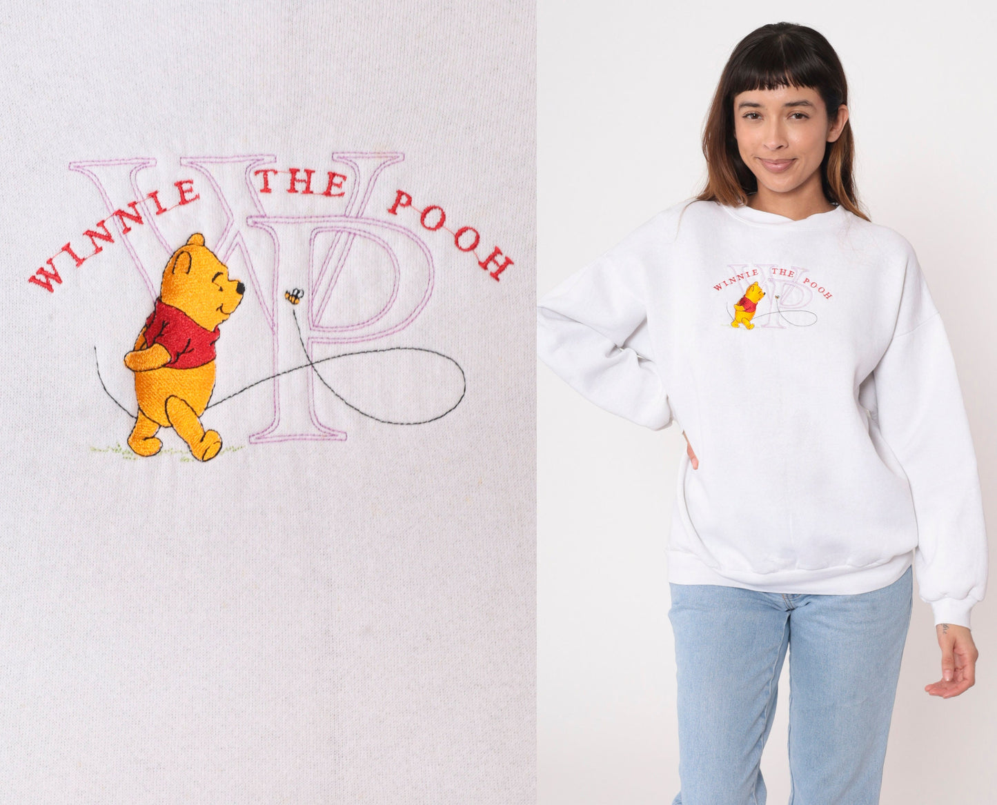 90s Winnie The Pooh Disney Embroidered Sweatshirt White Crewneck Large L