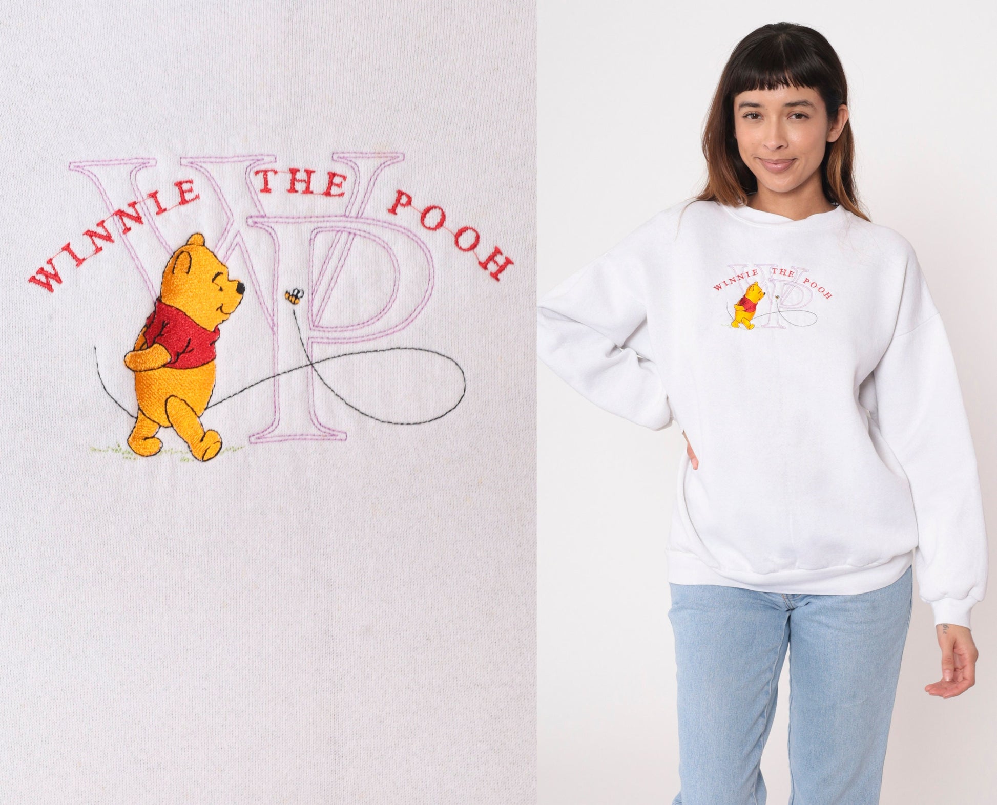 90s Winnie The Pooh Disney Embroidered Sweatshirt White Crewneck Large L