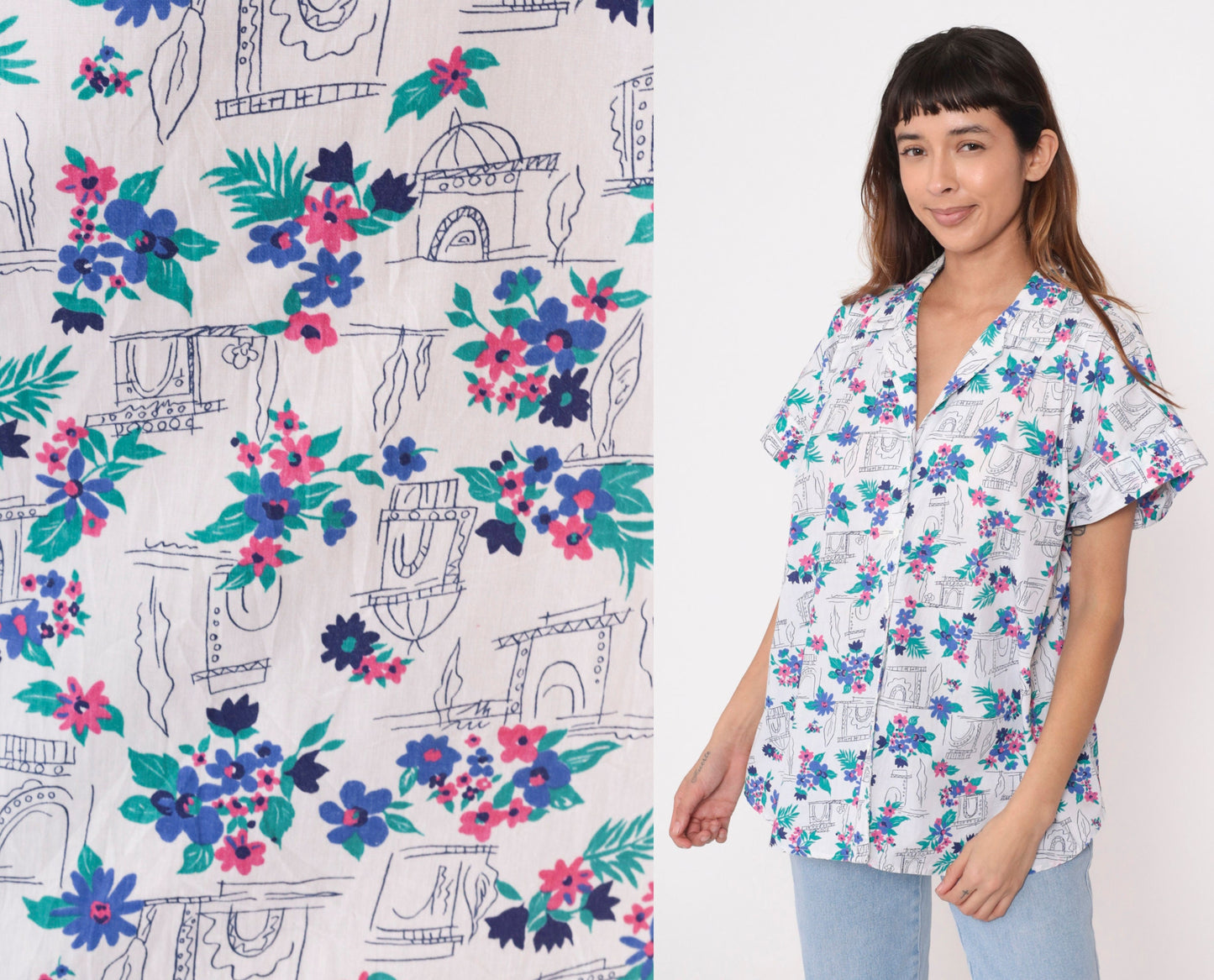 90s White Floral Arch Print Button-Up Blouse Plus Size 18W Short Sleeve