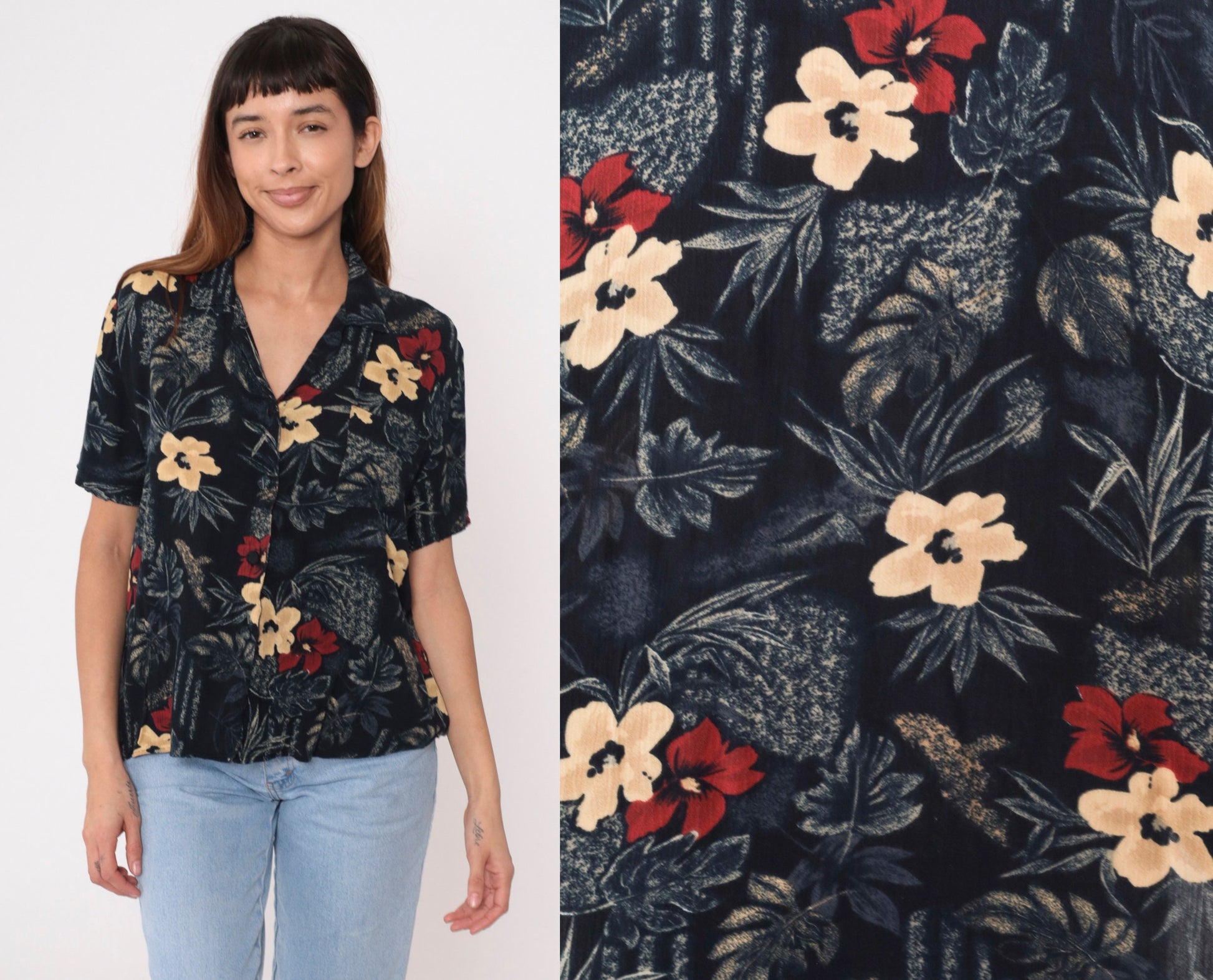 90s Sag Harbor Floral Blouse Black Rayon Button Up Short Sleeve Medium