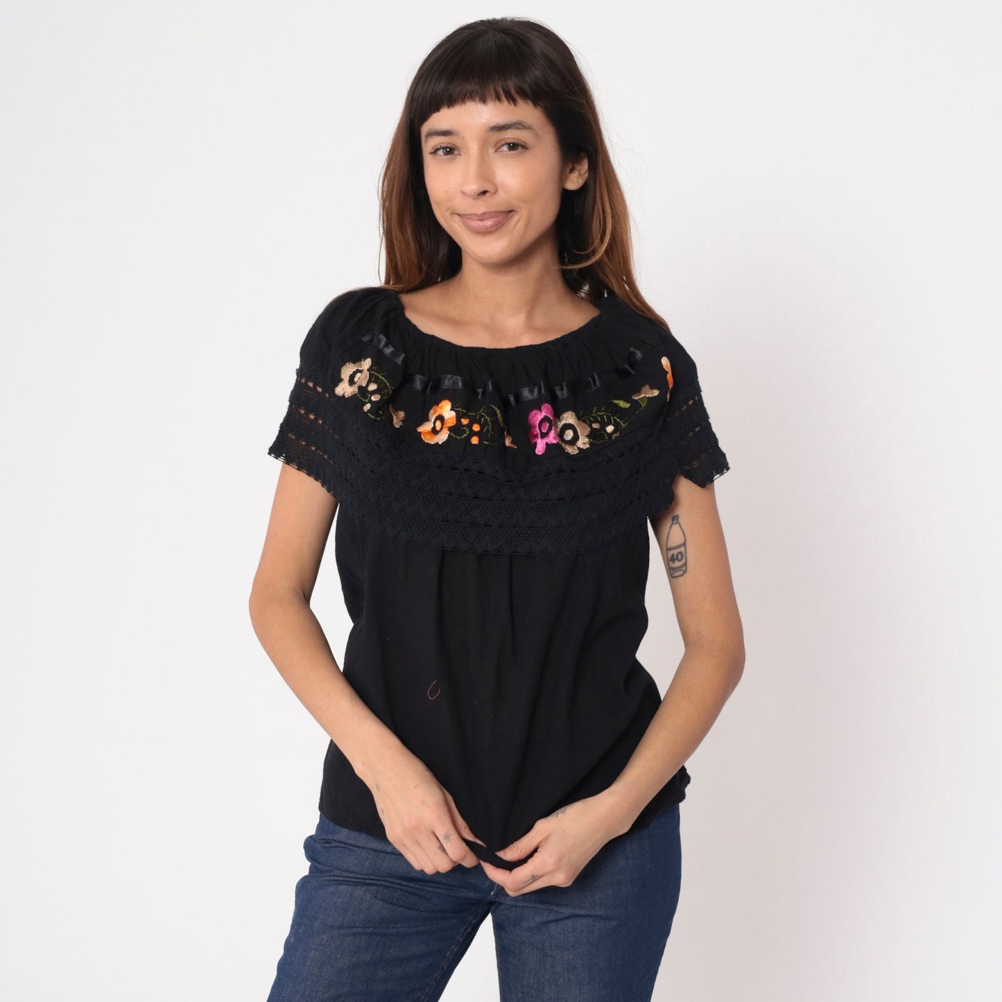 90s Mexican Floral Embroidered Cotton Blouse Off-Shoulder Black Medium