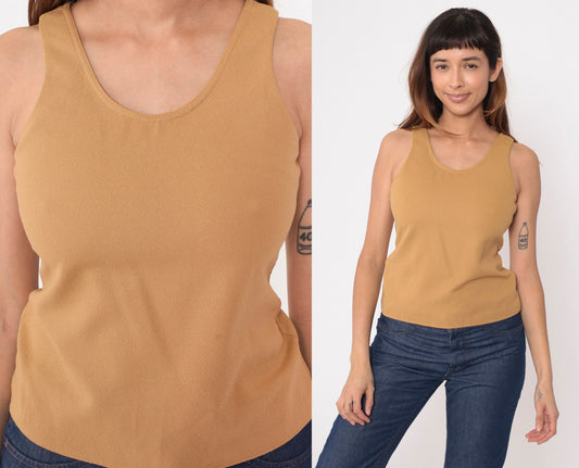 70s Tan Sleeveless Tank Top Round Neckline Rear Zipper Extra Small