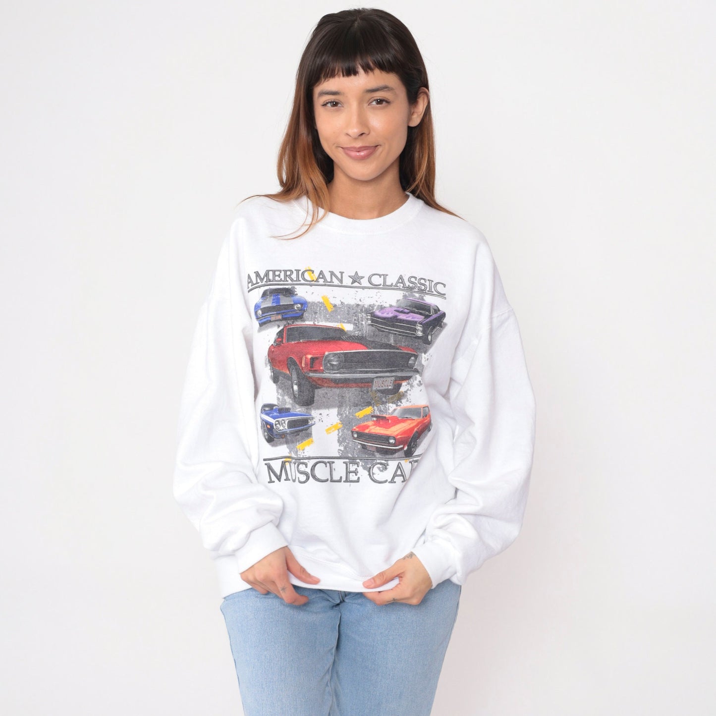 90s Muscle Car Sweatshirt American Classic Cars Graphic Crewneck White Large