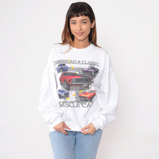 90s Muscle Car Sweatshirt American Classic Cars Graphic Crewneck White Large