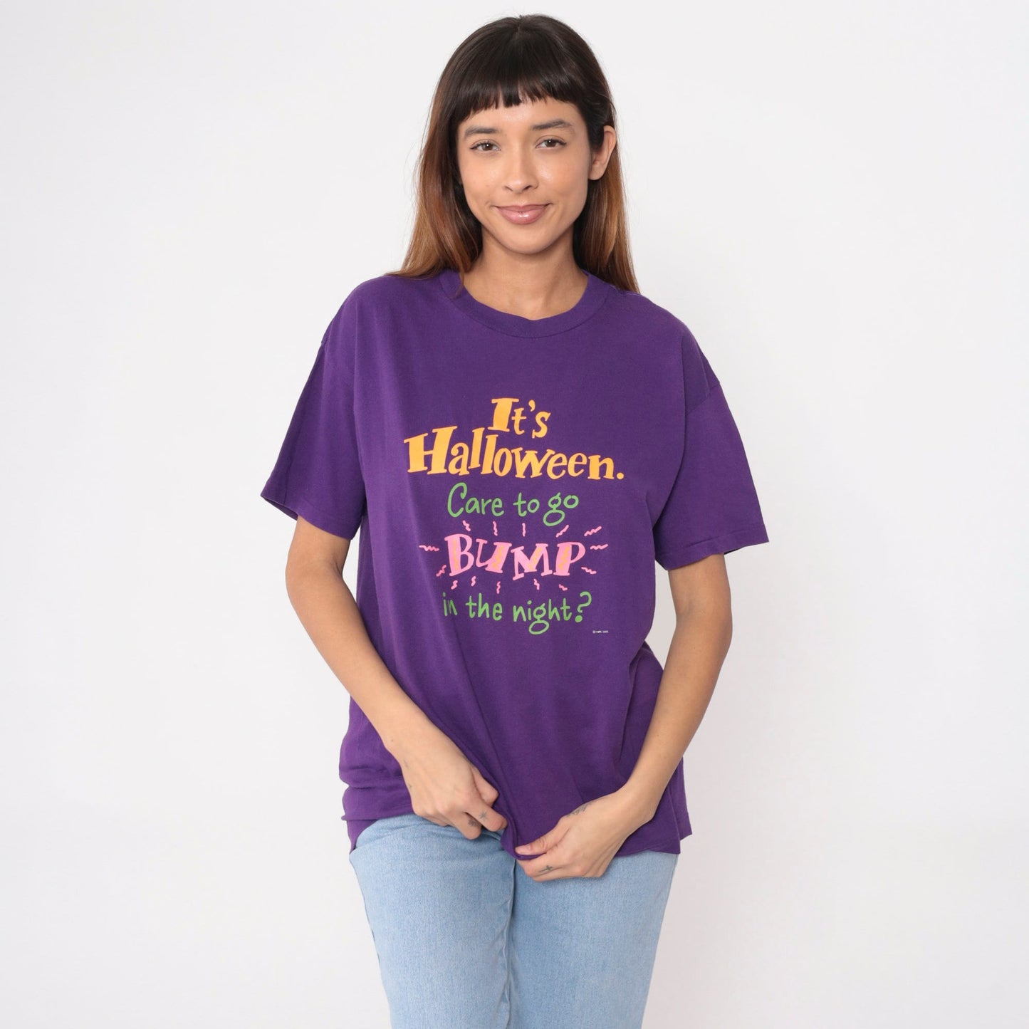 90s Hallmark Halloween Graphic T-Shirt Purple 'Bump In The Night' Medium