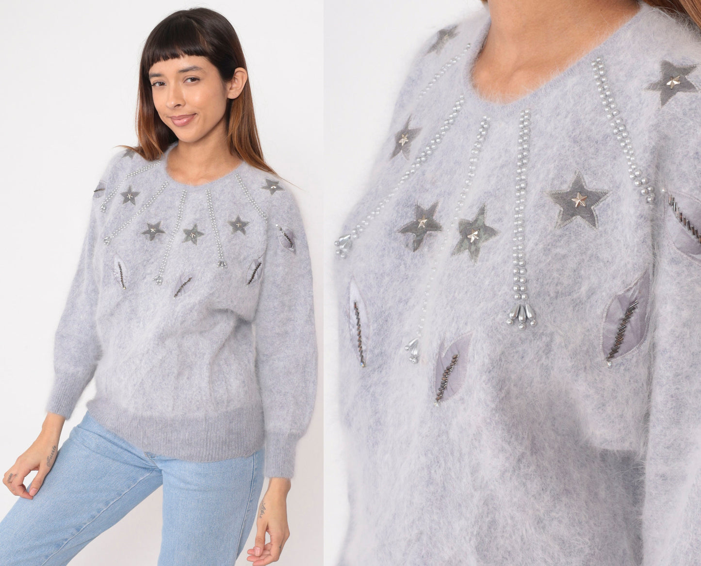 80s Beaded Star Periwinkle Mohair Blend Dolman Sweater Medium M