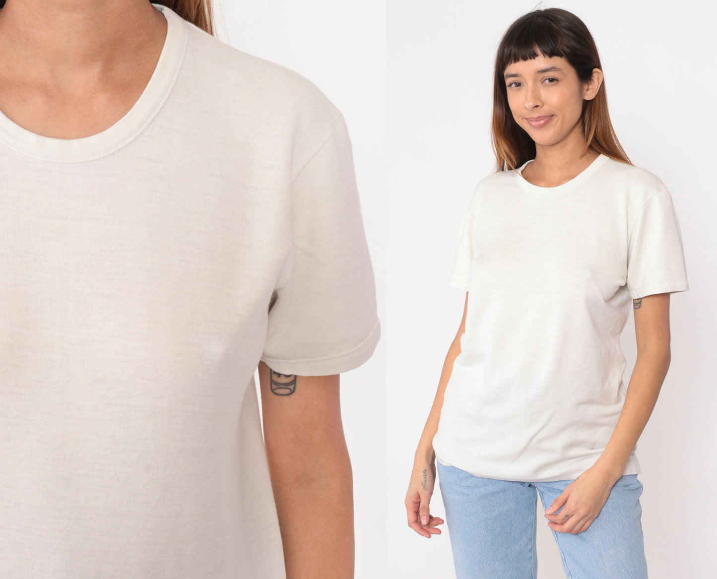 80s White Wool T-Shirt Cotton Lined Thermal Undershirt Medium