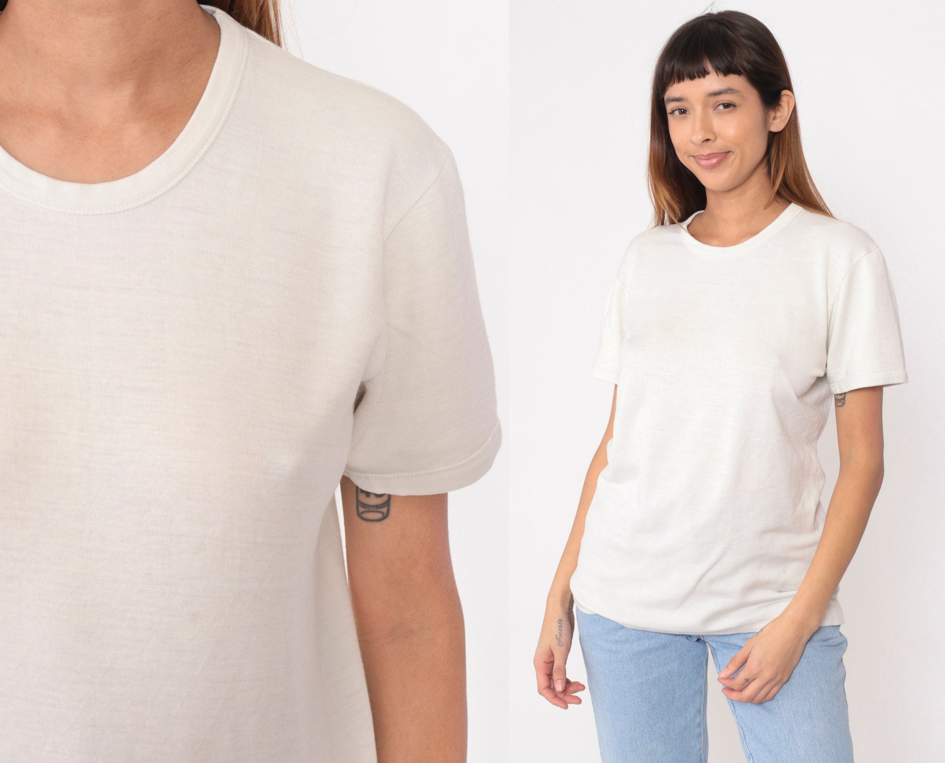 80s White Wool T-Shirt Cotton Lined Thermal Undershirt Medium