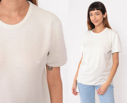 80s White Wool T-Shirt Cotton Lined Thermal Undershirt Medium