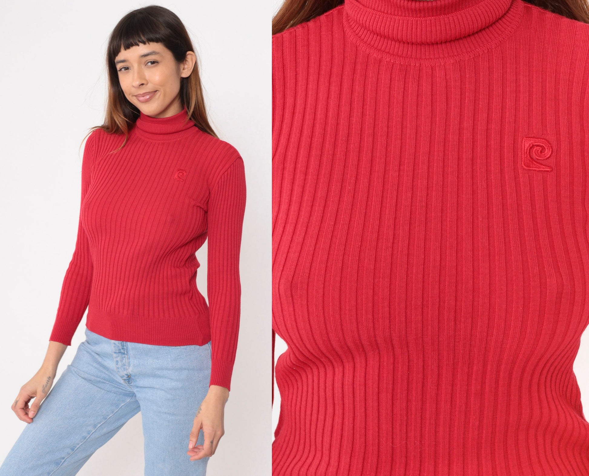 80s Pierre Cardin Red Turtleneck Sweater Ribbed Knit Pullover Small S