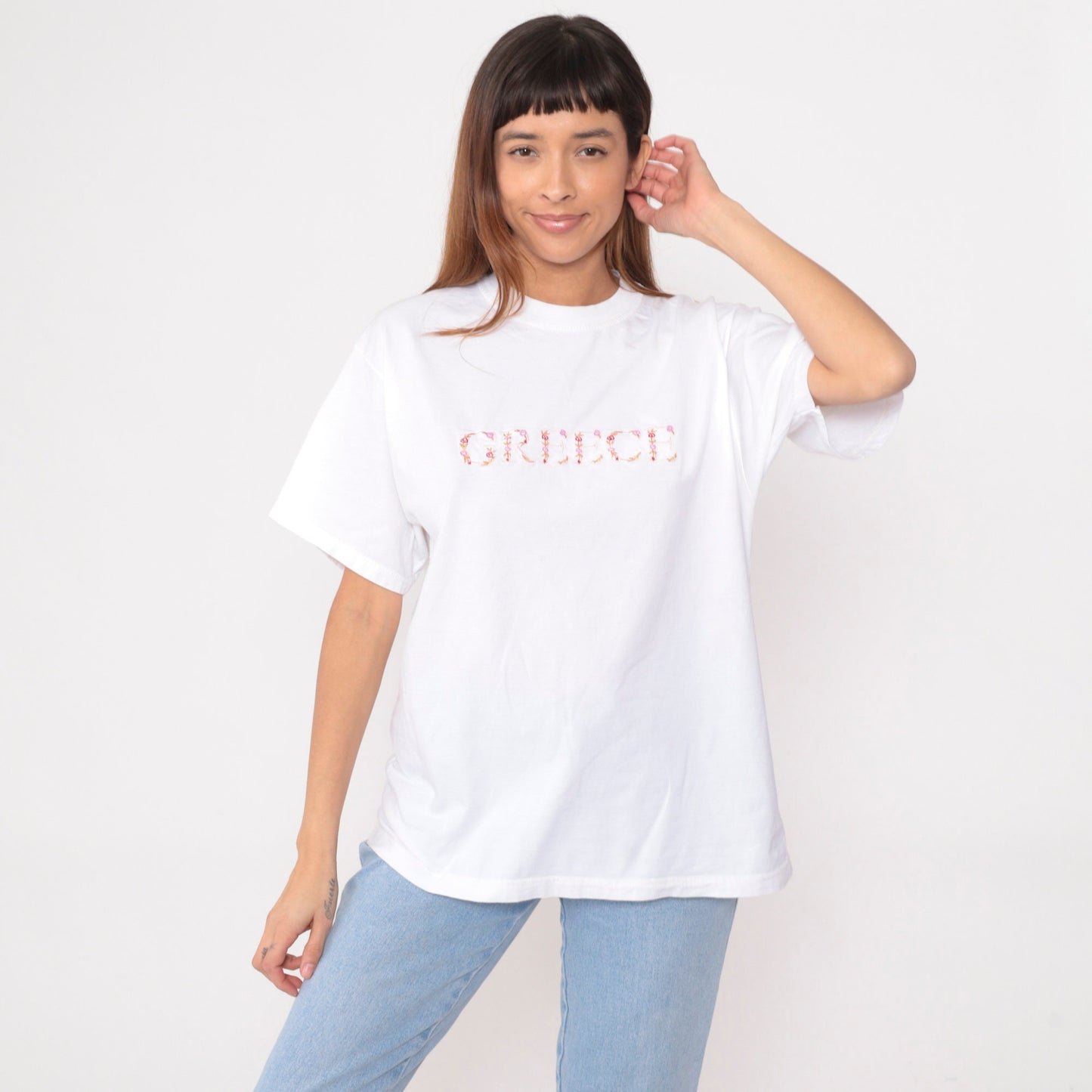 90s Greece Floral Embroidered White Cotton T-Shirt Graphic Tee Large L