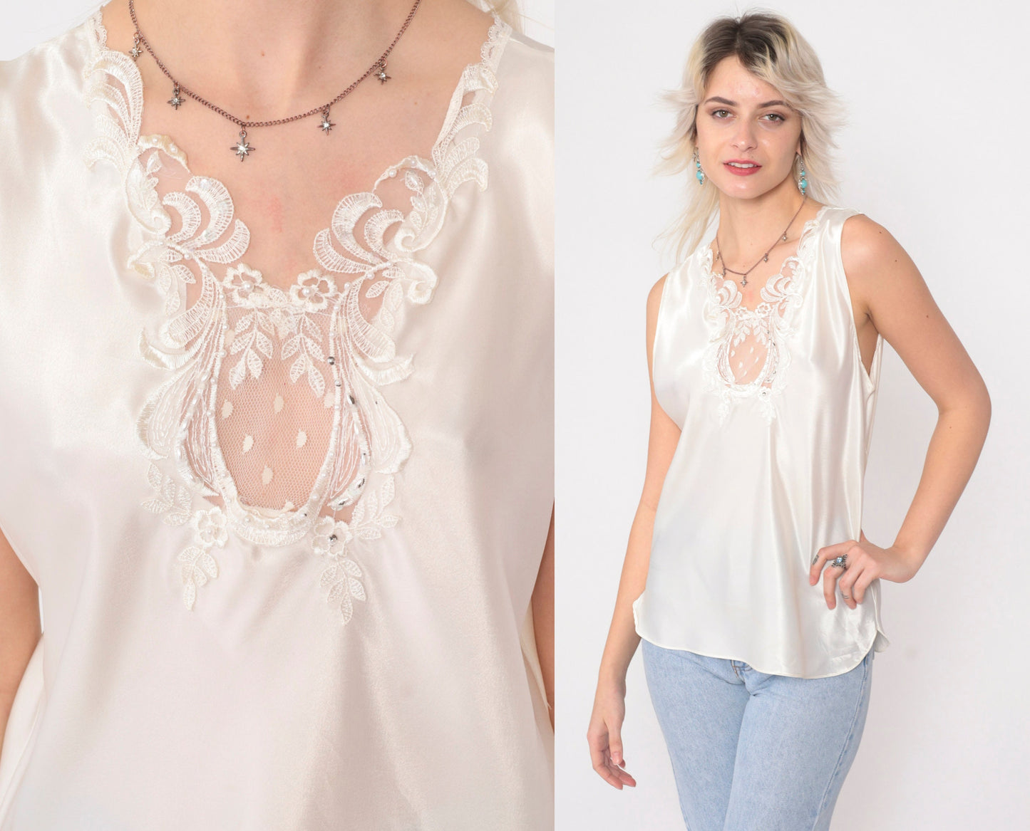 80s White Satin Camisole Tank Top Pearl Beaded Lace Trim Medium