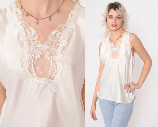 80s White Satin Camisole Tank Top Pearl Beaded Lace Trim Medium