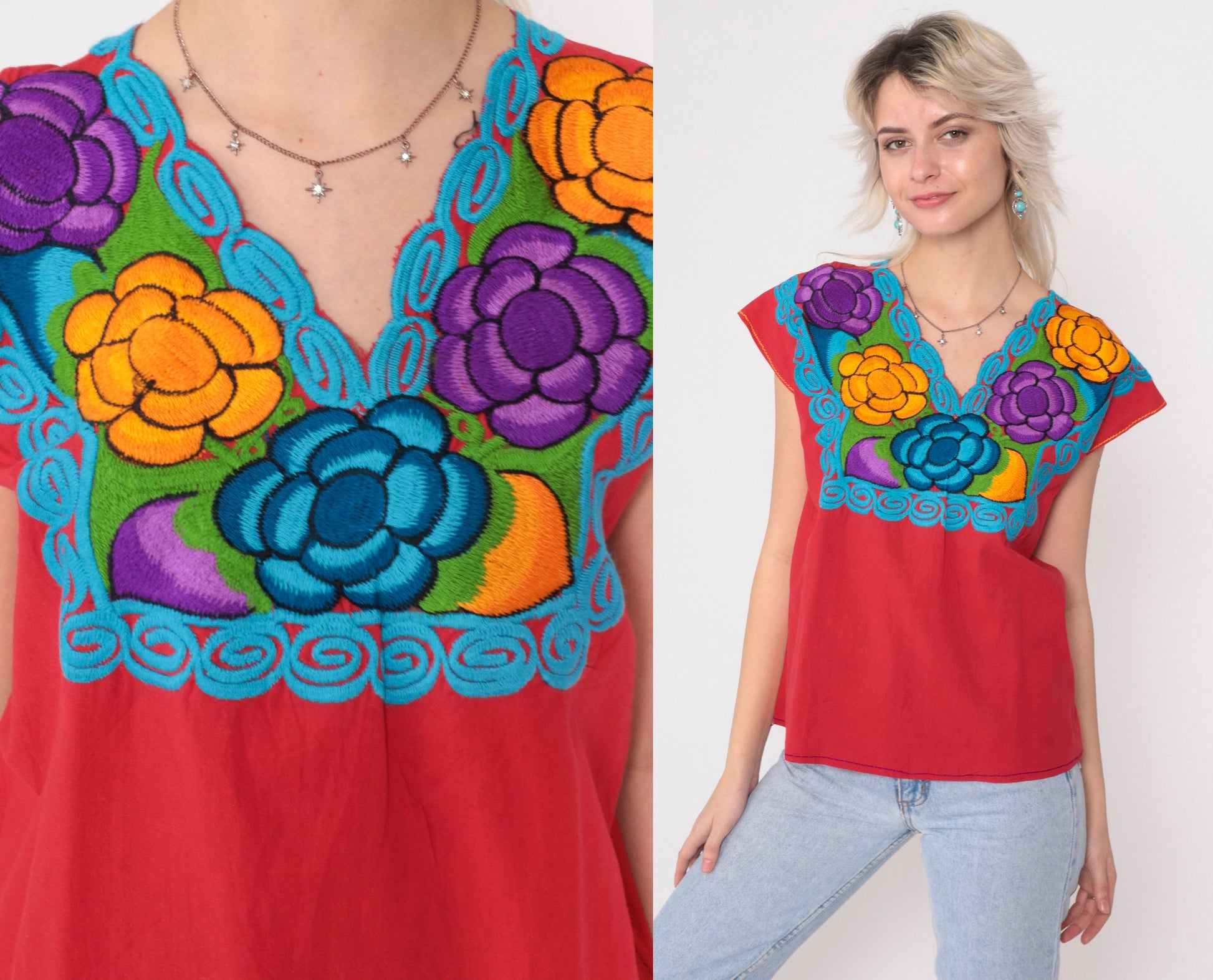 90s Mexican Embroidered Cotton Blouse Red Floral Short Sleeve Small