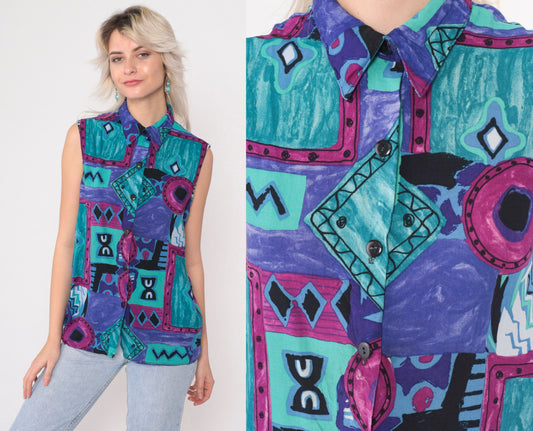 90s Geometric Patchwork Button-Up Tank Top Rayon Purple Blue Small