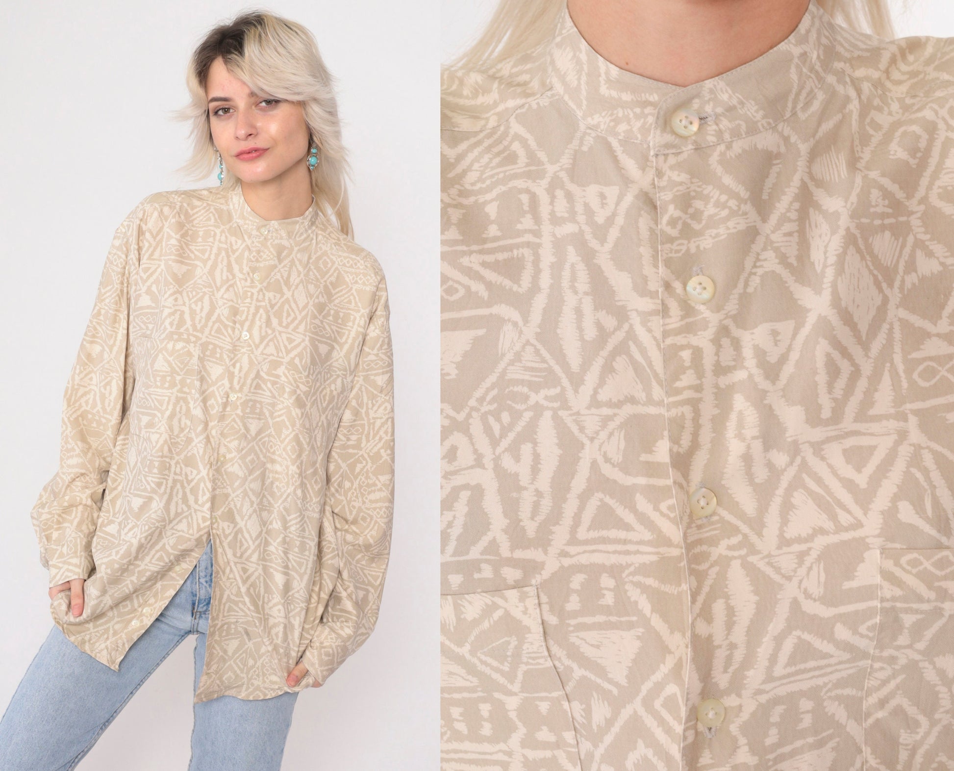 90s Generra Silk Geometric Button Up Shirt Beige Stand Collar Small