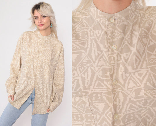 90s Generra Silk Geometric Button Up Shirt Beige Stand Collar Small