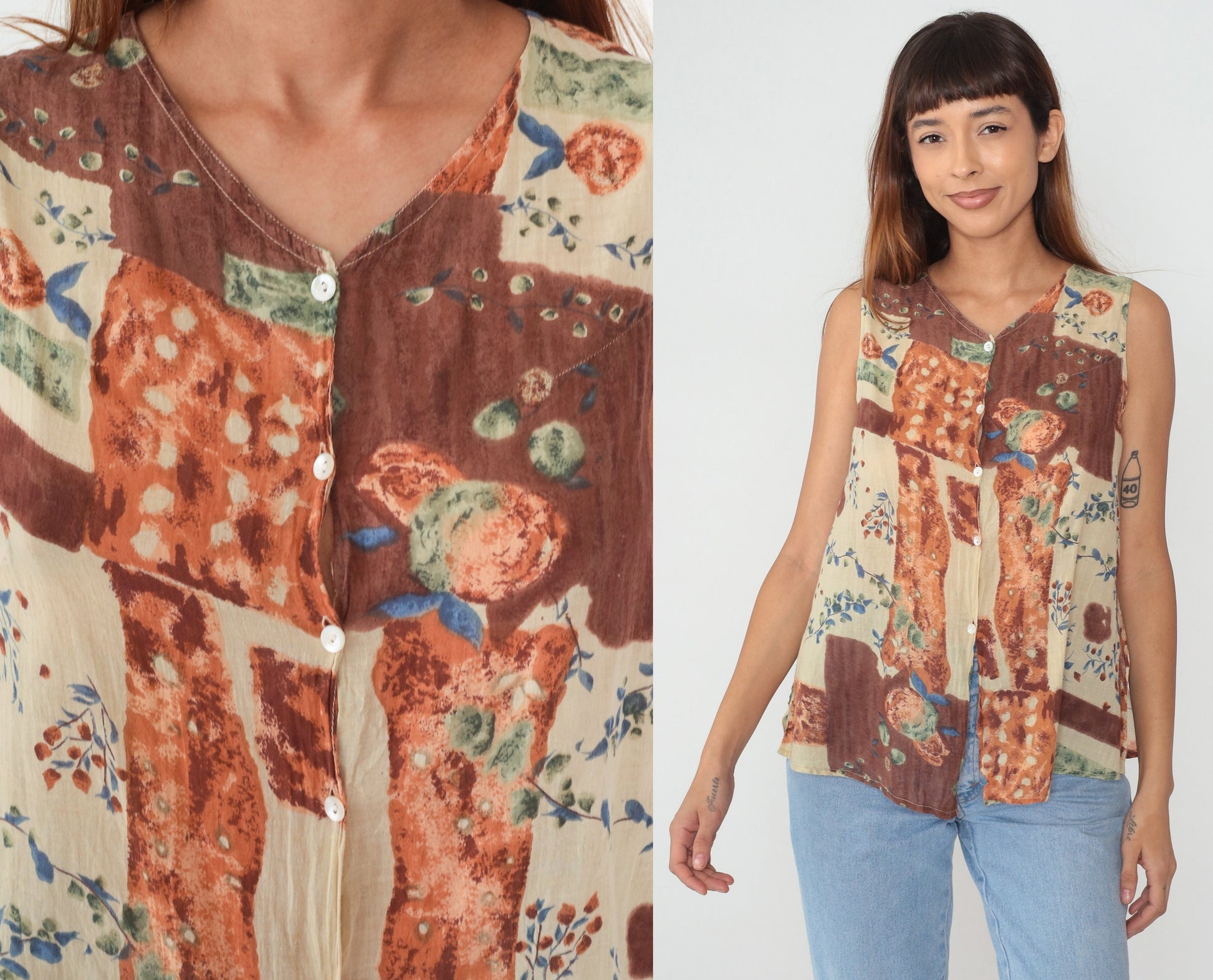 90s Patchwork Floral Button-Up Tank Top Brown Orange Green Small S
