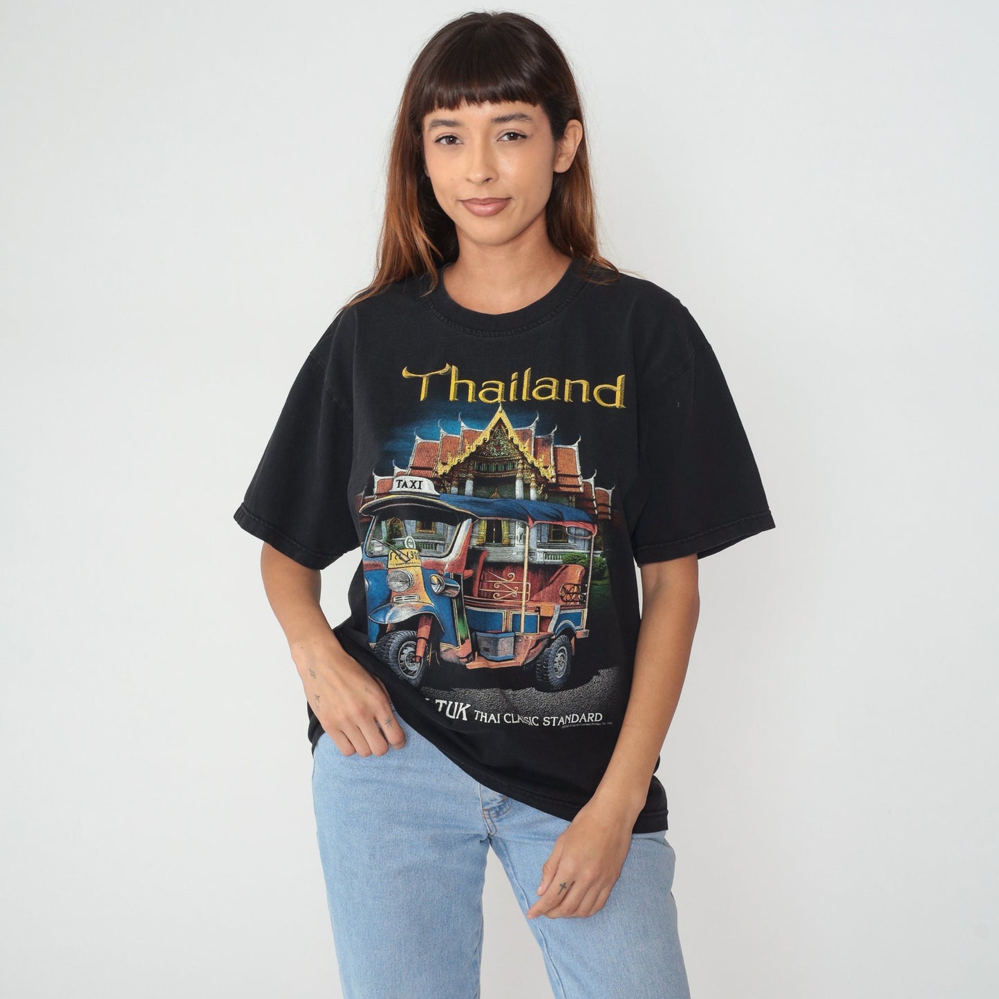 90s Thailand Tuk Tuk Graphic T-Shirt Black Cotton Tourist Souvenir Large L