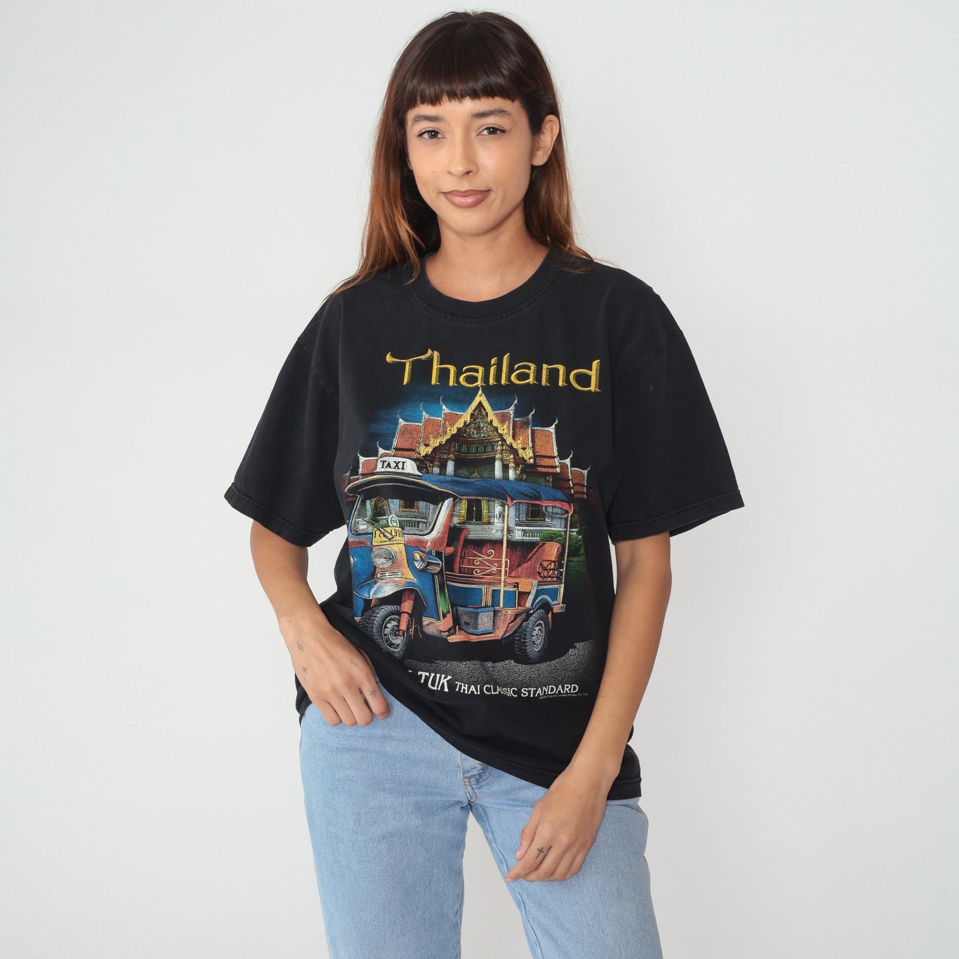 90s Thailand Tuk Tuk Graphic T-Shirt Black Cotton Tourist Souvenir Large L