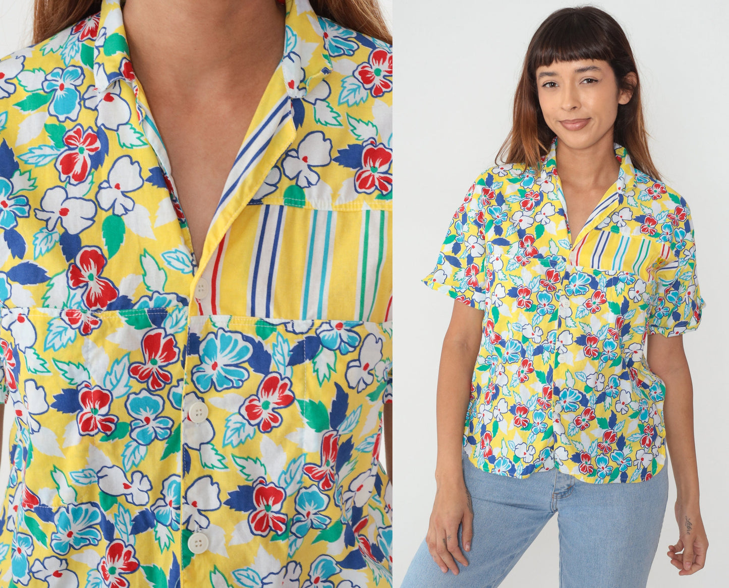 90s Grant Yellow Floral Striped Cotton Button-Up Shirt Large