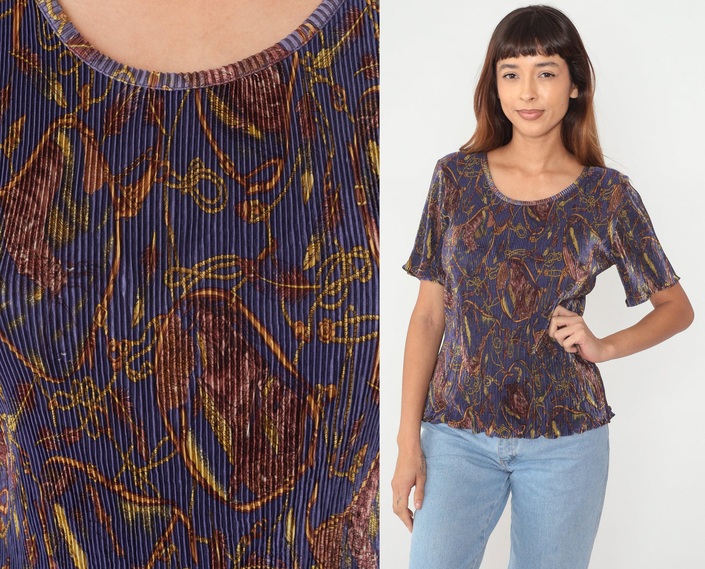 90s Baroque Abstract Print Pleated Blouse Short Sleeve Purple Small Medium