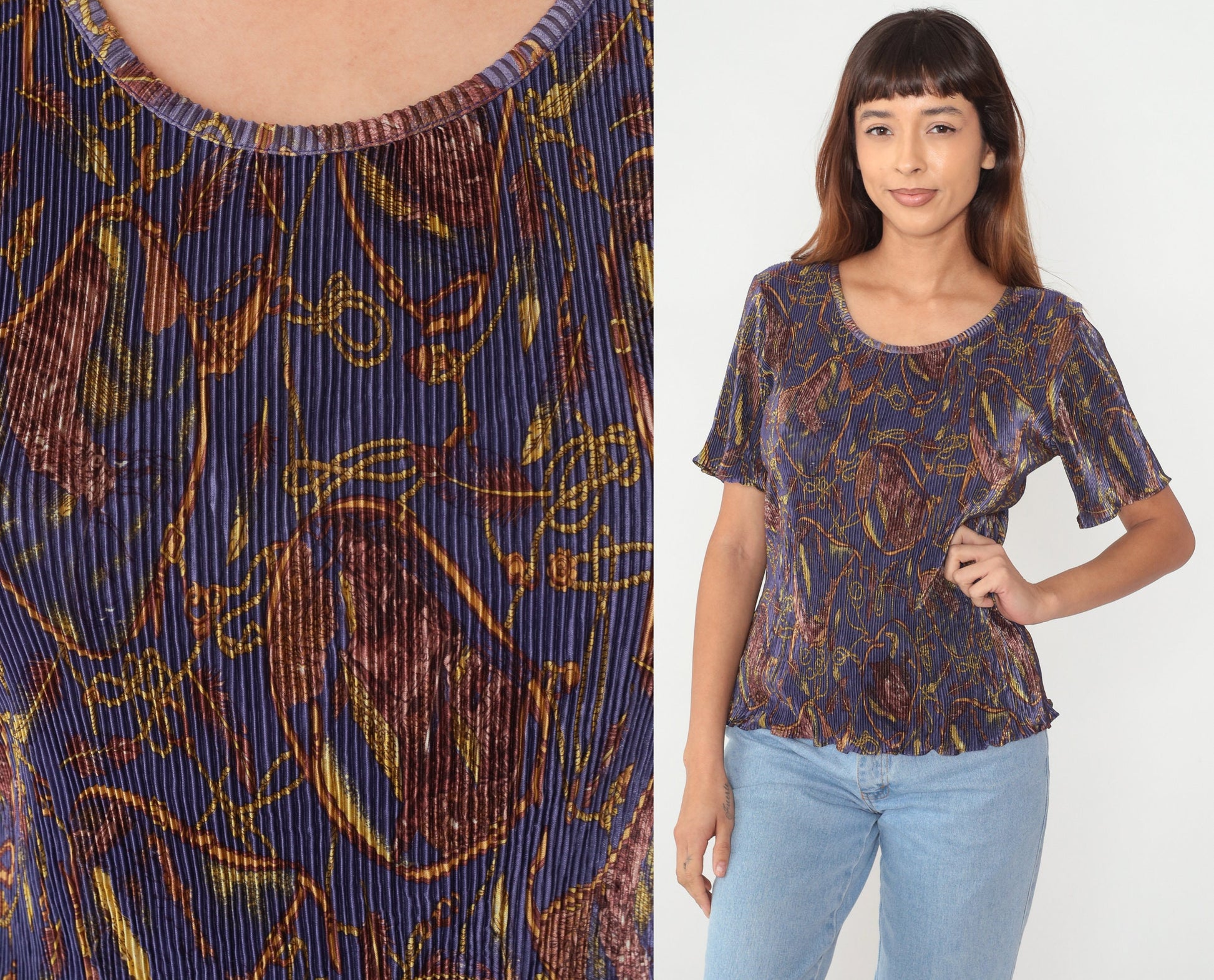 90s Baroque Abstract Print Pleated Blouse Short Sleeve Purple Small Medium