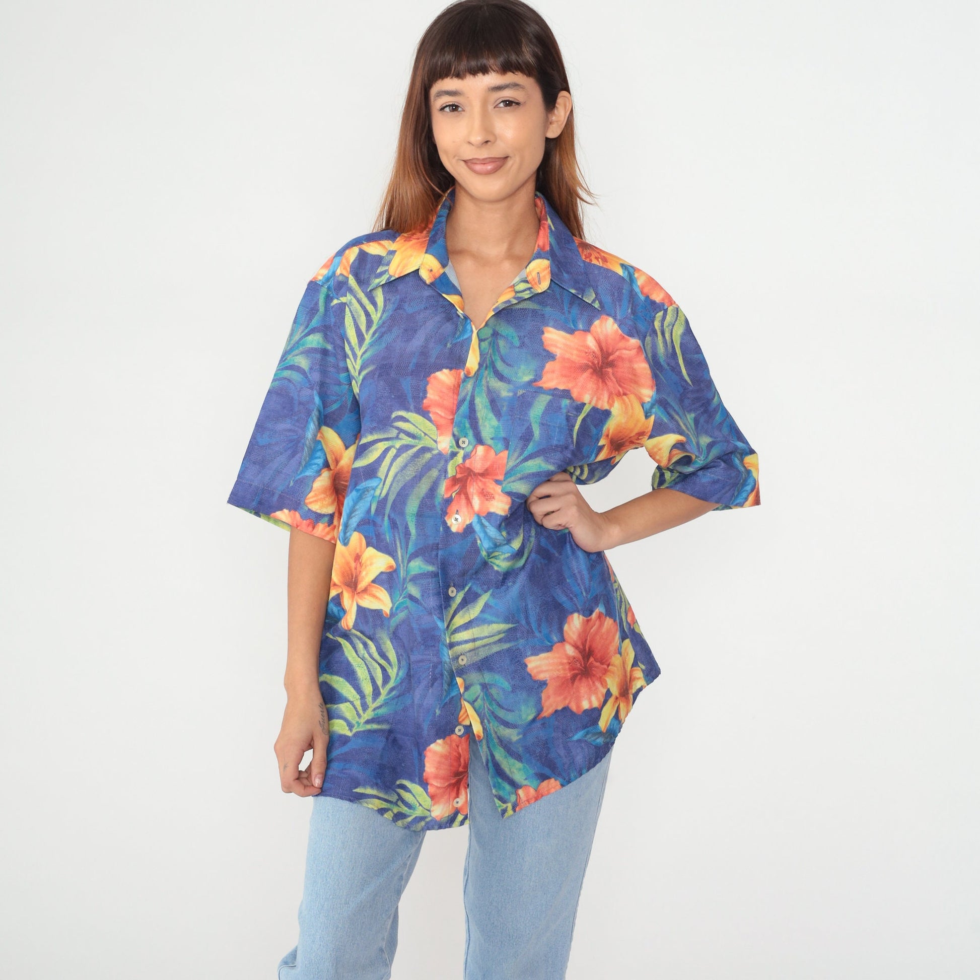 90s Georg Roth Hawaiian Shirt Blue Tropical Floral Button Up Extra Large