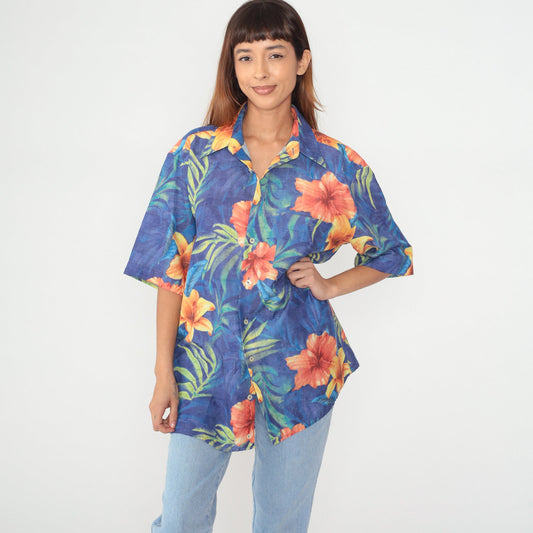 90s Georg Roth Hawaiian Shirt Blue Tropical Floral Button Up Extra Large